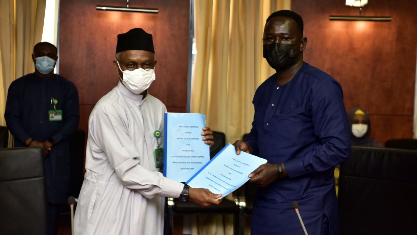 Nasir El-Rufai, Kaduna state's Governor and Daniel Marfo, Zipline's Africa Lead in 2021. 📸:Premium Times