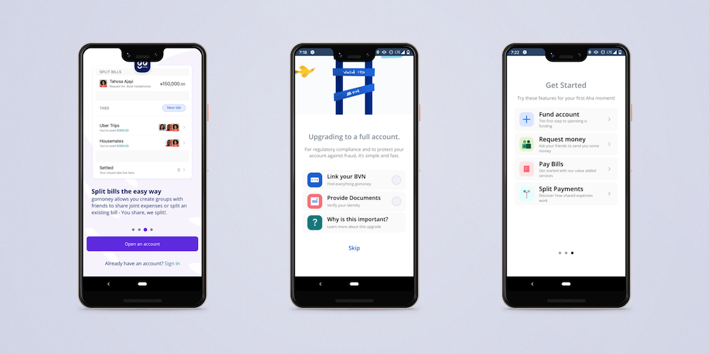 onboarding screens of gomoney digital bank app